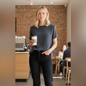 Jones New York Silk Blouse Size 8 Short Sleeve Charcoal Gray